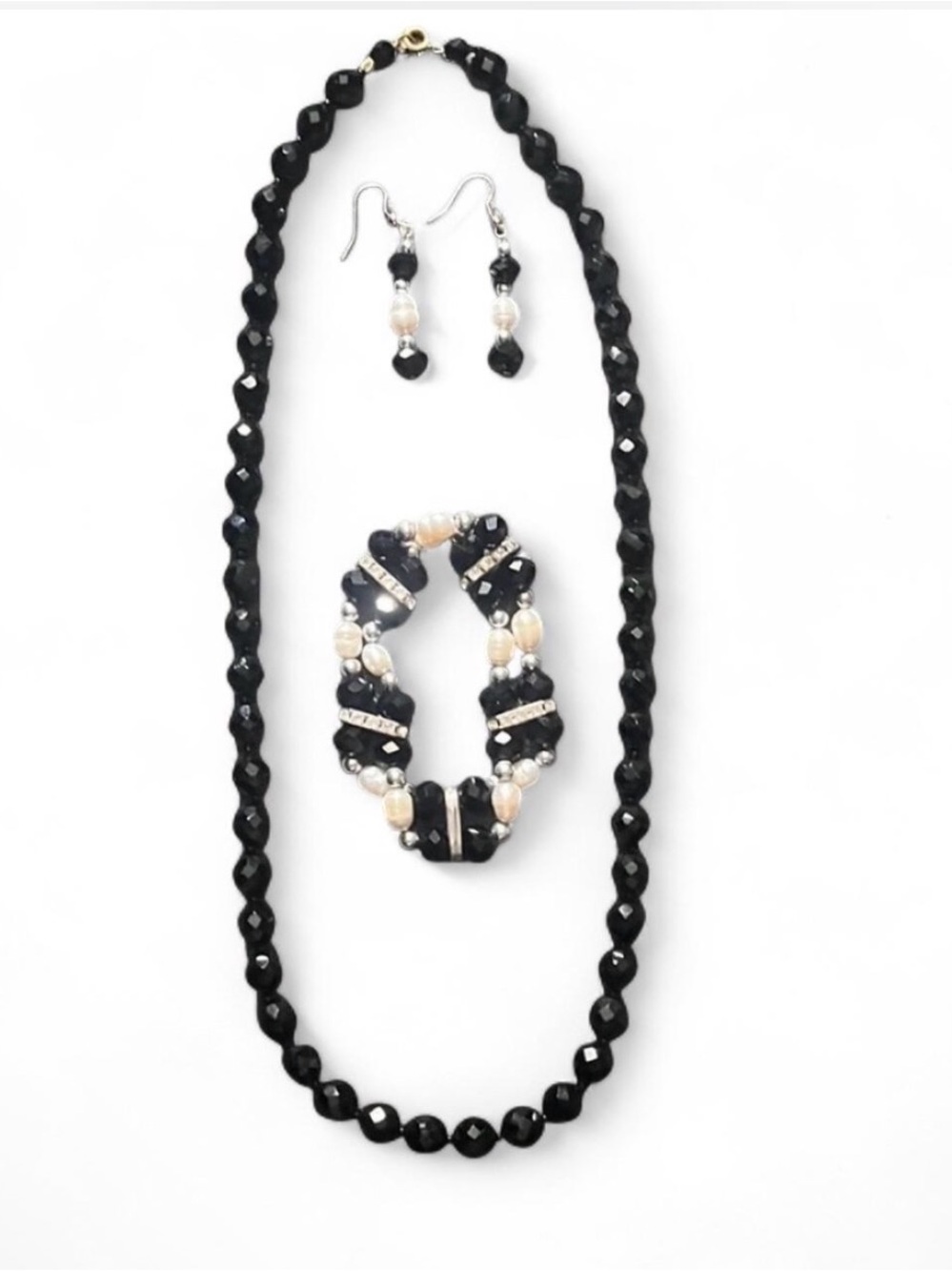 Necklace, Bracelet & Earrings Set with Rhinestones, Beads, and Faux Pearls.